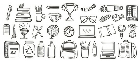 High-res vector line art of school supplies in black and white.