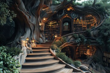 Enchanted Treehouse Library: A whimsical and enchanting treehouse library with winding staircases and book-filled shelves, bathed in the warm glow of lanterns. The perfect escape for book lovers and d