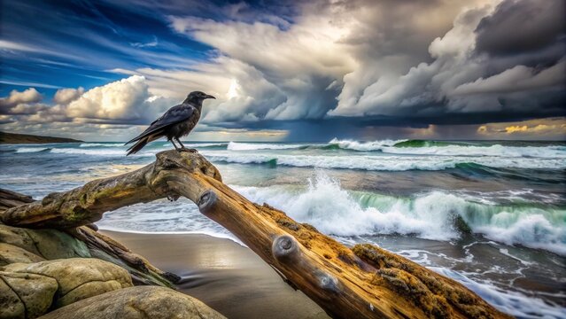 A raven perched on a driftwood log along a rocky coastline, with crashing waves and a cloudy sky creating a dramatic seascape. - Powered by Adobe