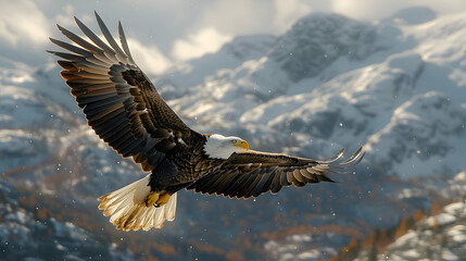 Bald Eagle in Flight with Snow Background, Illustration