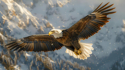 Fototapeta premium Bald Eagle Soaring Through Snowy Mountains Illustration