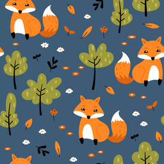 Red foxes forest seamless pattern