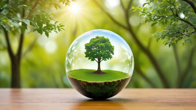 Globe ball with tree growing and green nature blur background