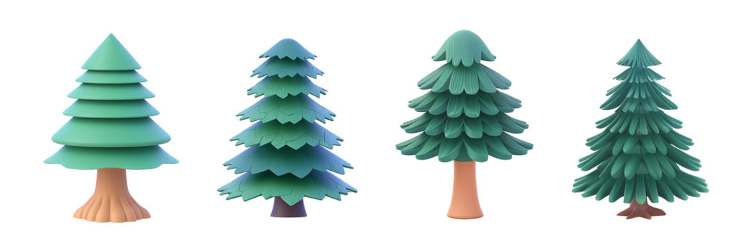 Playful 3D Christmas tree set, Cheerful green cartoon holiday trees collection isolated transparent, Winter plants toy objects with evergreen leaves