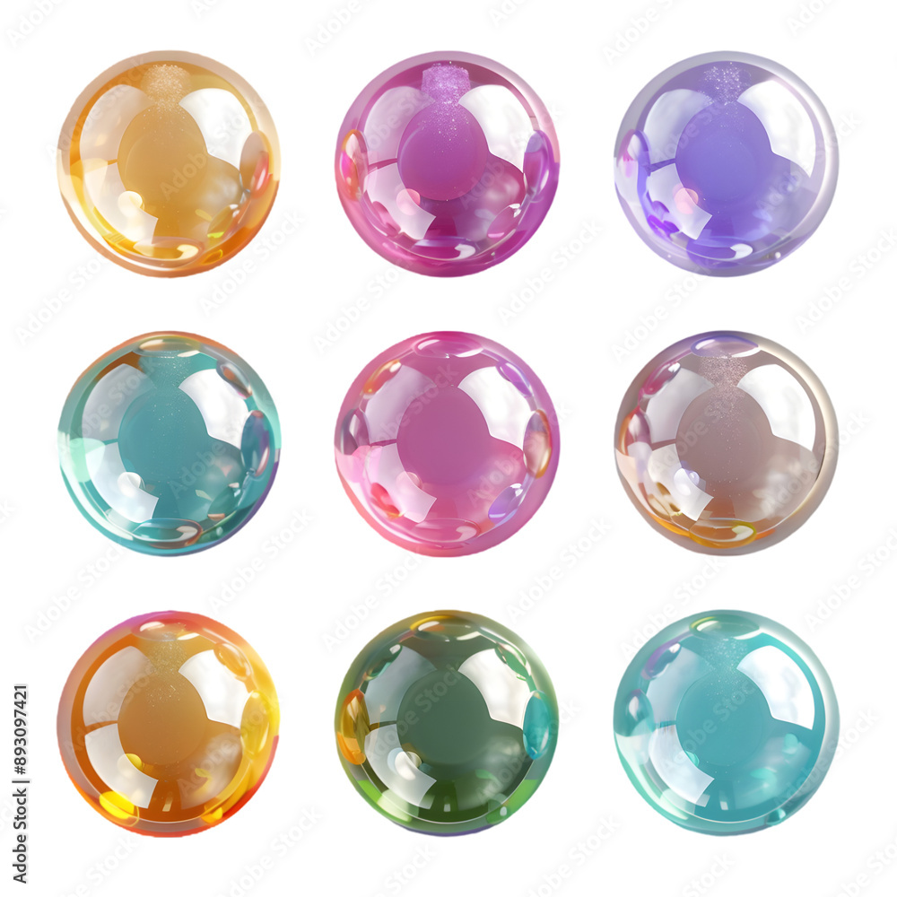 Poster 3d rendering colorful round shapes bubble ball collection, transparent background isolated on a tran