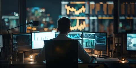 A financial analyst working late with multiple computer screens displaying graphs, with the office environment blurred in the background. 