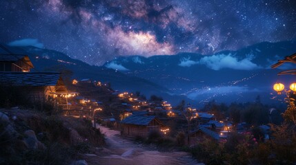 Naklejka premium A Beautiful View of the Night Sky From a Small Village in the Mountains at Night - Generative AI