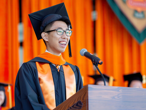 A man in a graduation gown is standing at a podium and smiling.