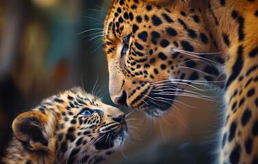 Obraz premium Beautiful Tender Moments of a Majestic Leopard Family Capturing the Deep Connection and Affection Between a Protective Mother and Her Adorable Cub in Stunning Wildlife Photo Intimate Scene in Nature
