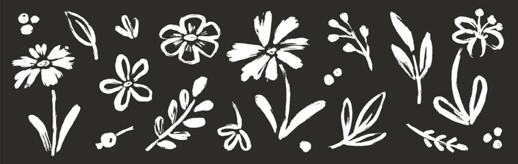 Flower abstract hand drawn brush chalk stroke. Sketch hand drawn silhouette floral plant, nature graphic leaf, floral grunge abstract brush. Vector simple flower on chalkboard. Vector illustration