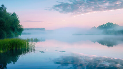 Fototapeta premium Serene Lake at Dawn with Light Reflections and Misty Greenery