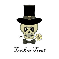 Skull in hat and bow tie vector illustration on white background, greeting card, banner, design element for Halloween decoration.