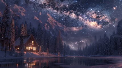Fototapeta premium A Snowy Night Scene With a Cabin in the Middle of a Forest Surrounded by Snow Capped Mountains and a Milky Way - Generative AI