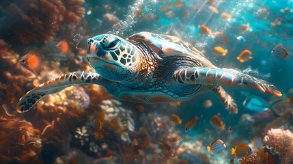 Fototapeta premium Sea Turtle Swimming Through Coral Reef Illustration