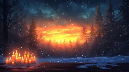 Fototapeta premium A Painting of a Forest With Candles in Front of a Dark Sky at Sunset - Generative AI