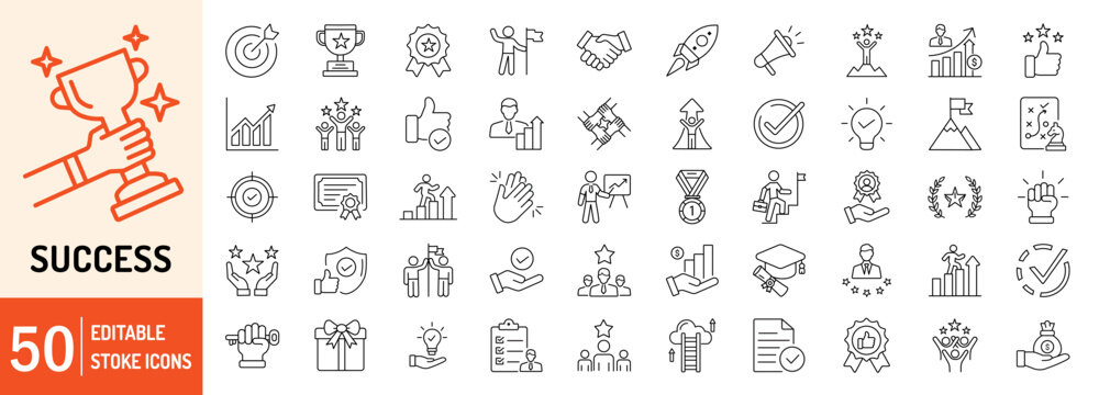 Success editable stroke outline web icons set. Success, achievement, successful, strategy, winner, teamwork, goal, brainstorm, challenge and task. Vector illustration