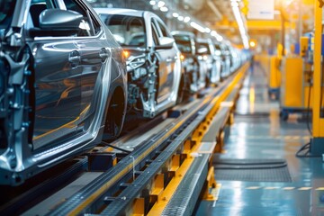 Fototapeta premium Efficient assembly line of contemporary vehicles in a bustling automobile manufacturing plant