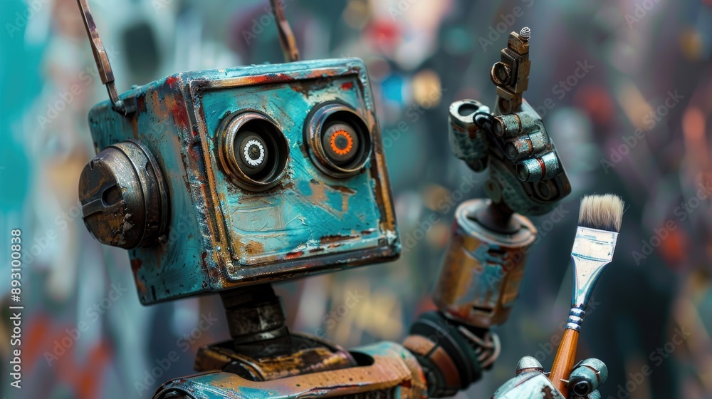 Poster classic image of a robot holding a paintbrush, symbolizing the intersection of technology and artist