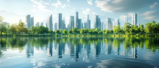 A futuristic vision of a green city with modern buildings is beautifully reflected in the calm waters of a lake, symbolizing urban sustainability © Creative_Bringer