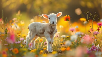 Fototapeta premium An adorable lamb stands amidst a colorful field of flowers basking in sunlight, embodying innocence and the beauty of spring