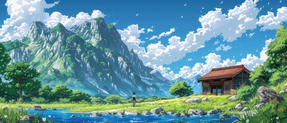 Fototapeta premium Tranquil Cottage Nestled in a Lush Valley