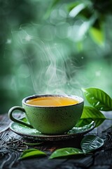 Fototapeta premium Closeup of a steaming cup of green tea with loose leaves scattered around, highlighting the vibrant color and aroma of freshly brewed tea