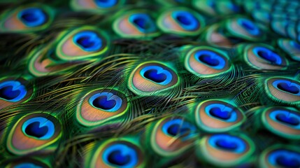 Obraz premium Closeup of peacock feathers, vibrant iridescence, soft focus, natural pattern