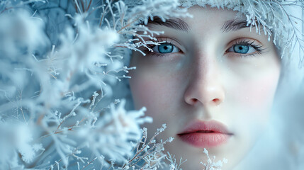 Ice queen in winter, frosty branches, ethereal light, soft focus, winter fantasy theme