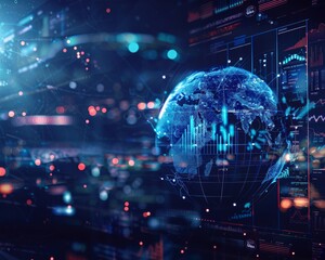 Global connectivity sphere with business data, charts, and maps in a tech themed environment