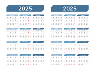 Vertical 2025 calendars, week starts on Monday and week starts on Sunday, vector eps10 illustration