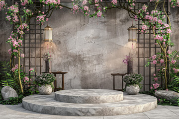 The podium with a wall background is decorated with flowers, lanterns and bamboo Artificial Intelligence Generated