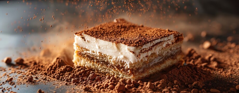 Detailed shot of a slice of tiramisu with cocoa powder, dessert cuisine, stock photo quality