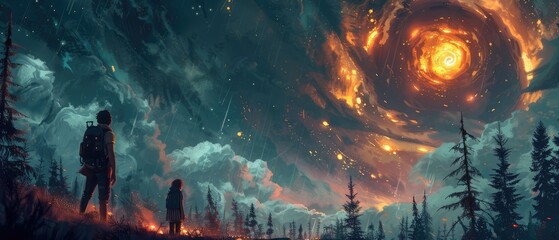 Obraz premium Two Figures Gaze in Awe at the Cosmic Spiral in the Night Sky