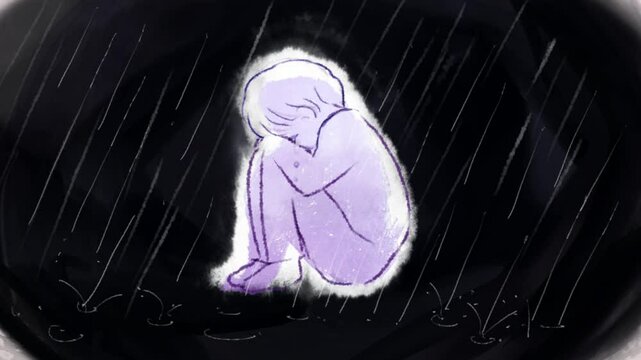 大雨が降る中、心に傷を負い蹲って泣く学生のアニメ風動画