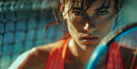 Tennis Player Focused on Game, Wearing Sleeveless Red Shirt, Intense Look