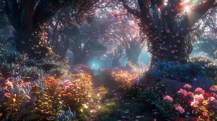 Mystical Woods: Surreal Forestscape with Vibrant Colors and Fantasy Details
