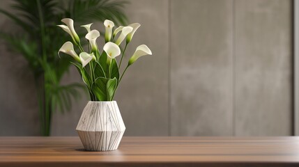 Art deco vase with geometric patterns holding elegant calla lilies