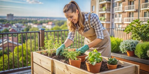 young woman planting flowers in her backyard