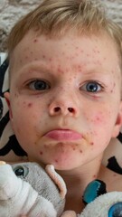 Natural vaccination. Contagious disease. Sick child with chickenpox. Varicella virus or Chickenpox bubble rash on child body and face. High quality photo