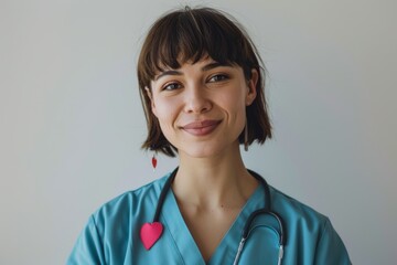 World Aids Day idea, healthcare and medicine, studio image of a woman nurse in a clinic outfit wearing a crimson ribbon to raise awareness of HIV/AIDS.