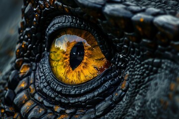 The dinosaur's scary close-up yellow eye. Dinosaur hunters are looking with their terrible yellow eyes. An eye of a dinosaur.