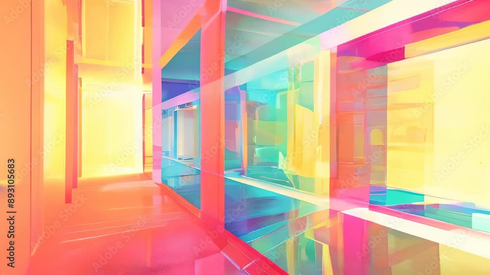 Aufkleber a vibrant and colorful abstract corridor with geometric shapes and reflections, creating a futuristi