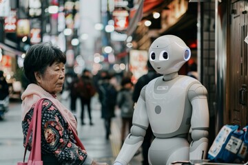 Elderly woman interacting with a robot in a city.