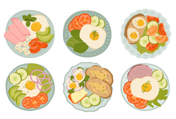 Collection of healthy food plates meal vector illustration for breakfast, lunch, dinner
