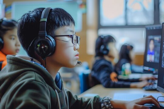 Concentrated Young Gamer with Headphones and Glasses.