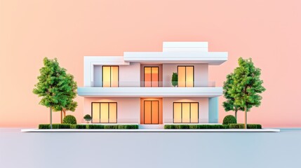 A modern white house with large windows, surrounded by lush greenery and a pastel sunset backdrop, showcasing contemporary architecture.