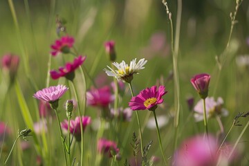 Pink and White Wildflowers in a Meadow.