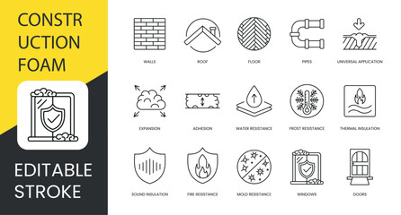 Polyurethane foam properties and places of application, vector line icon set with editable stroke, Adhesion and Water and Frost resistance, Doors and Sound insulation, Roof and Windows.