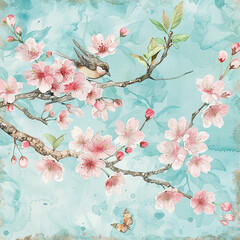 A branch of cherry blossoms with birds centered on a white watercolor background