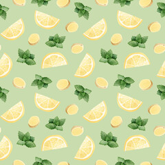 Lemon, peppermint and ginger slices watercolor seamless pattern on pastel green. Hand drawn background with healthy herbs for summer beverage or herbal tea. Immunity stimulating and organic food